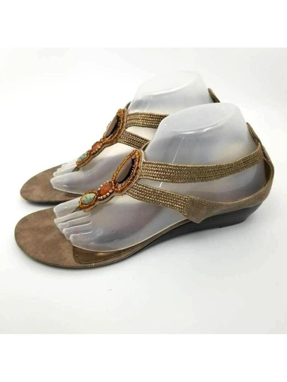 Mia Womens Rosy Low Wedge Thong Gold Beaded Jeweled Sandal Size 9.5